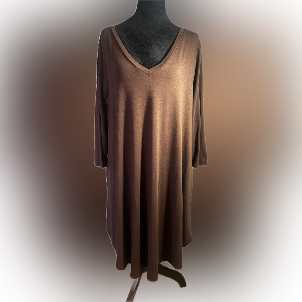 Zenana Premium Brown V-Neck Swing Dress Tunic 3/4 Sleeve Women’s Size XL